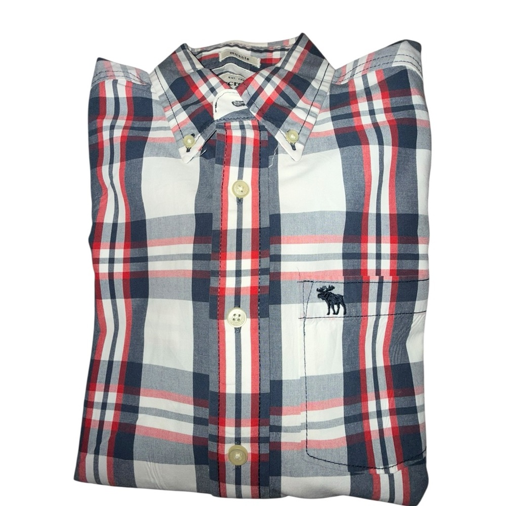 🔥3/$20🔥 Abercrombie & Fitch Cotton Red White and Blue Button-Down Plaid Shirt XL